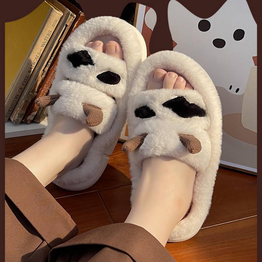 Cow Horns Double Strap Fluffy Slippers