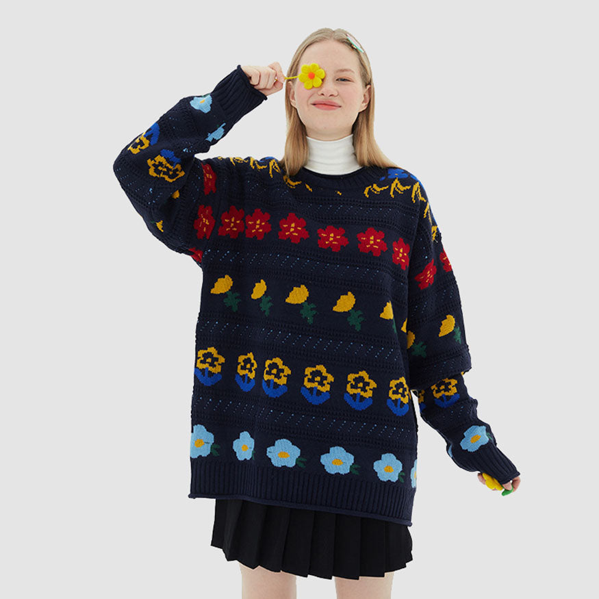 Childlike Floral Pattern Sweater