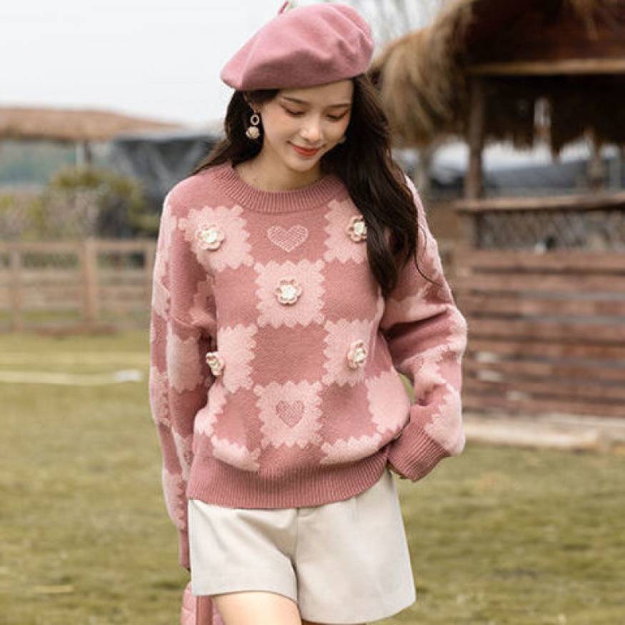 Knit Flower Decor Plaid Pattern Sweater