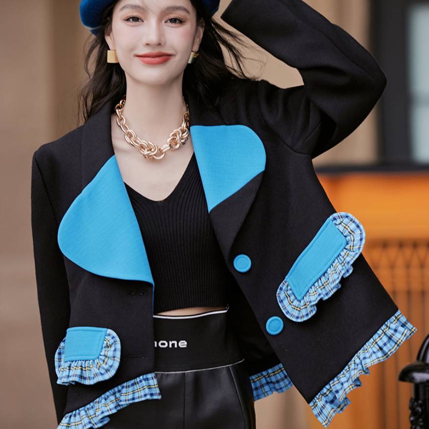 Two Color Patchwork Frill Blazer