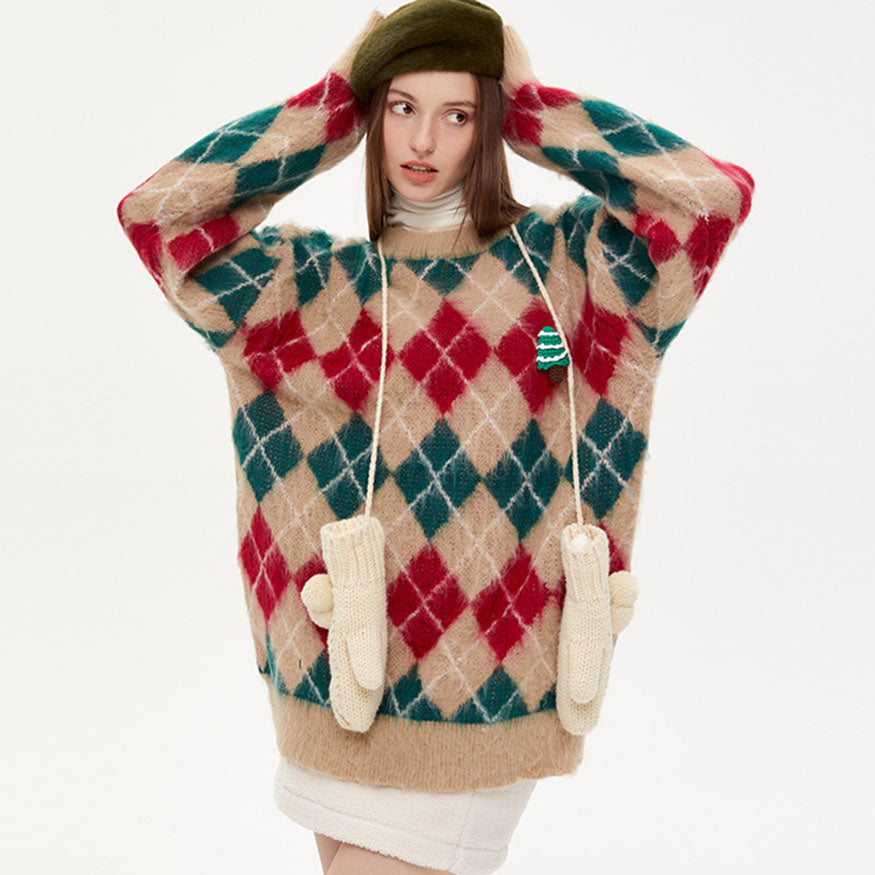Vintage Argyle Pattern Fuzzy Sweater