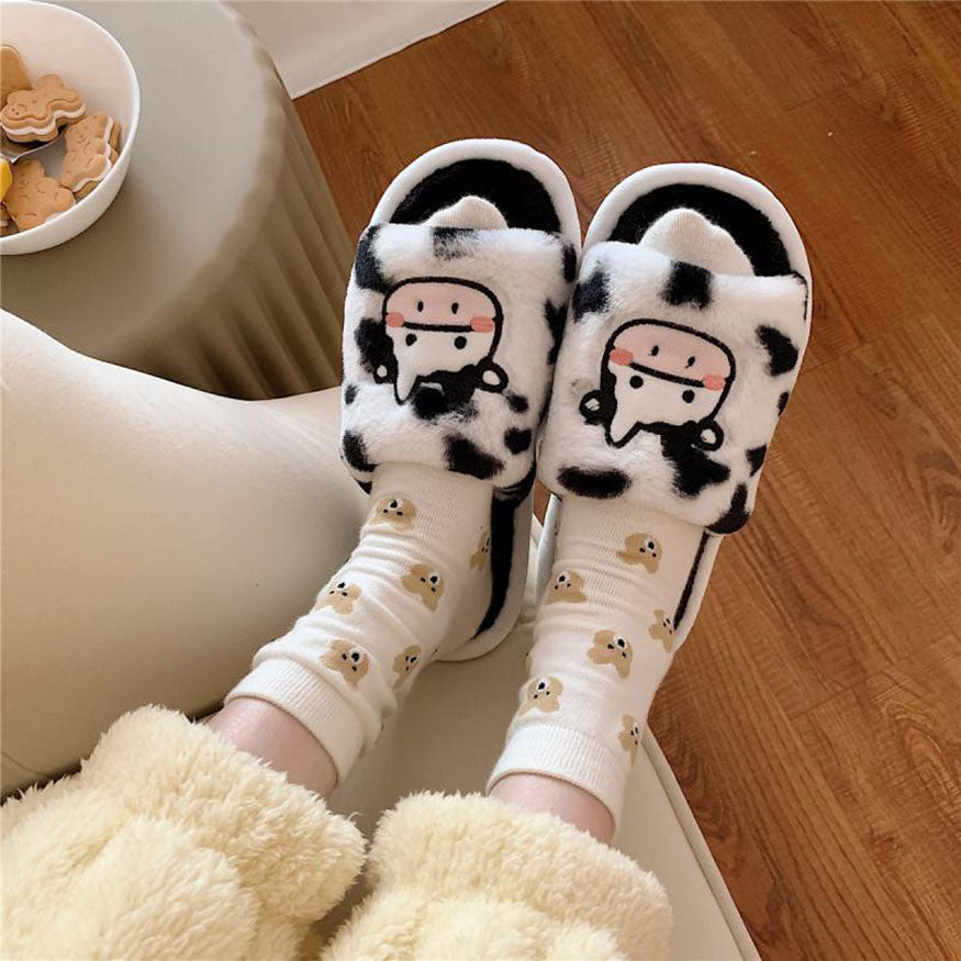 Cow Pattern Fluffy Slippers