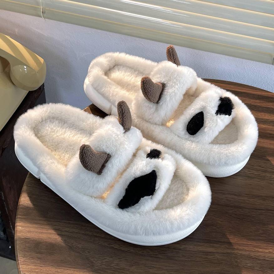 Cow Horns Double Strap Fluffy Slippers