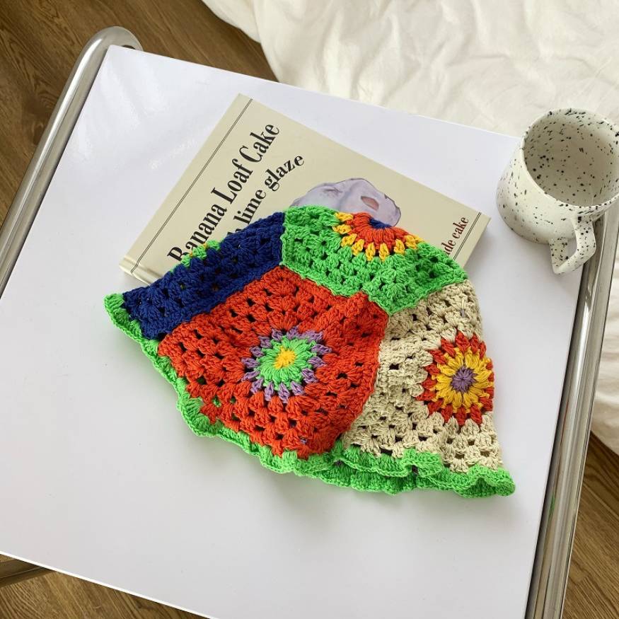 Sunflower Pattern Knit Bucket Hat