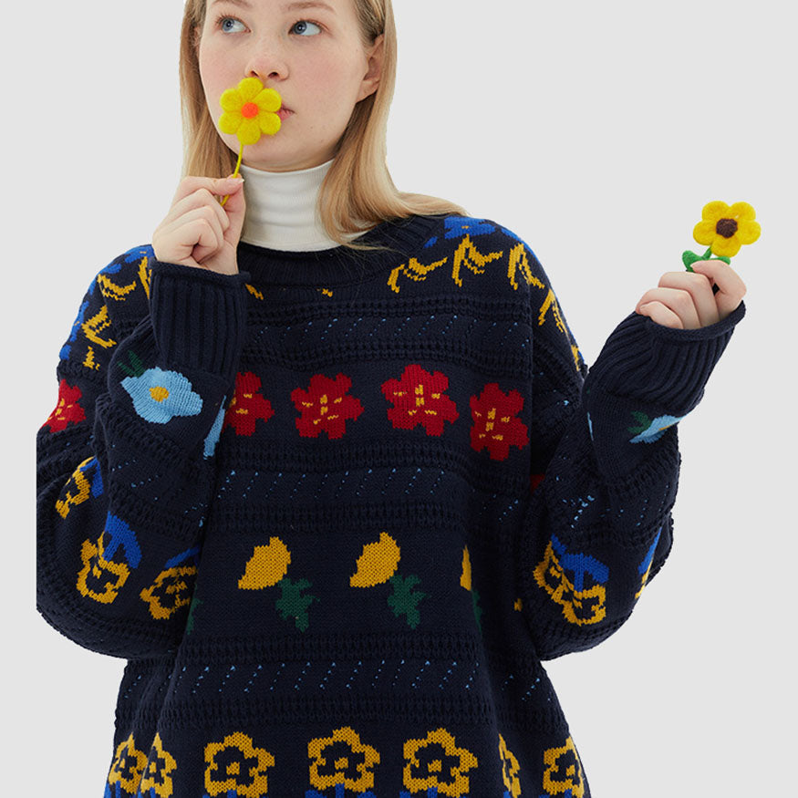 Childlike Floral Pattern Sweater