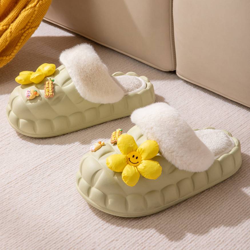 Flower Decor Waterproof Fluffy Slippers