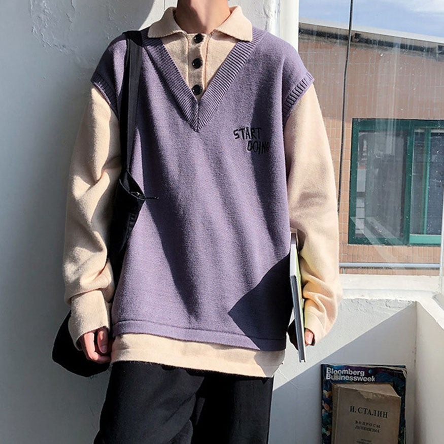 Collared Fake Two Casual Knit Sweater