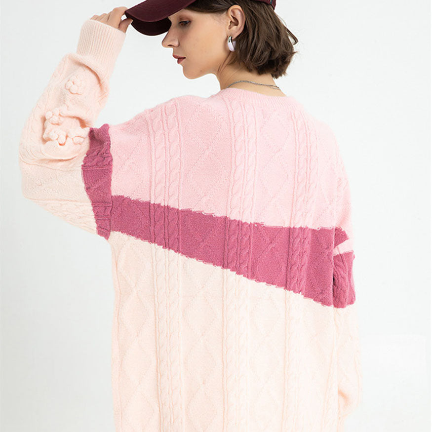 Color Block Knit Flower Decor Sweater