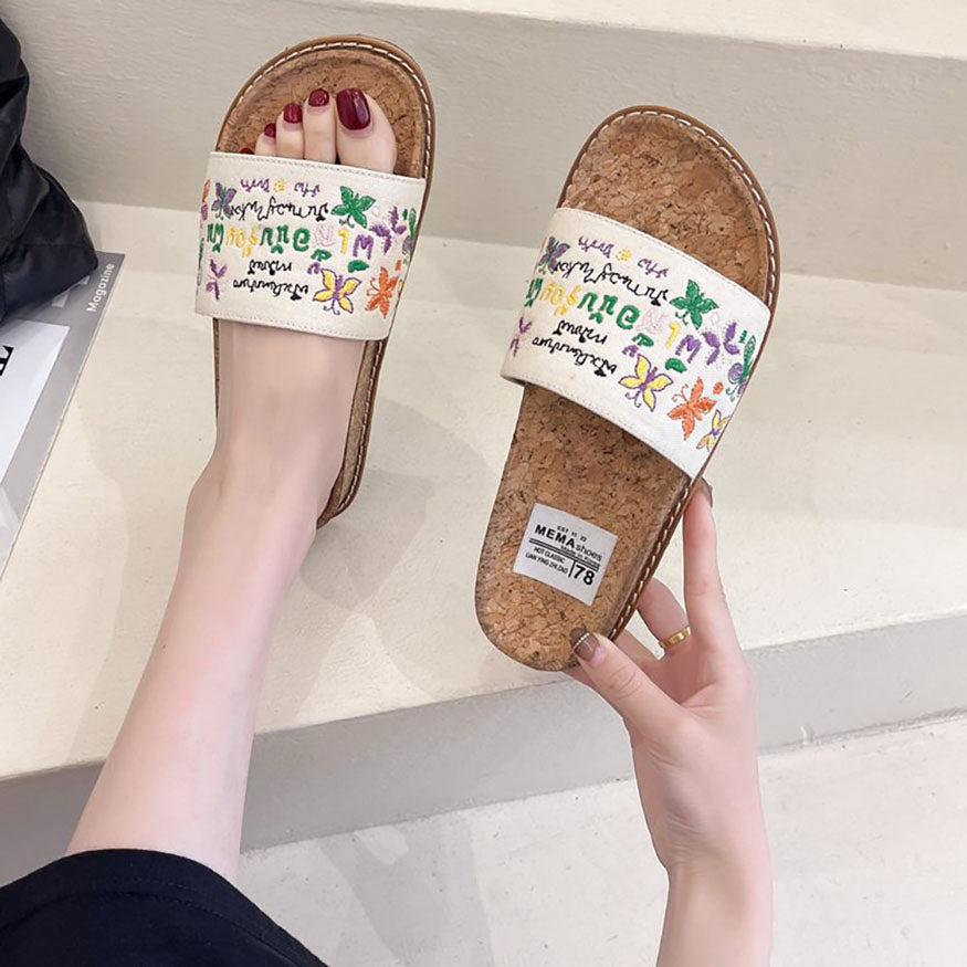 Butterfly Childlike Embroidered Slides