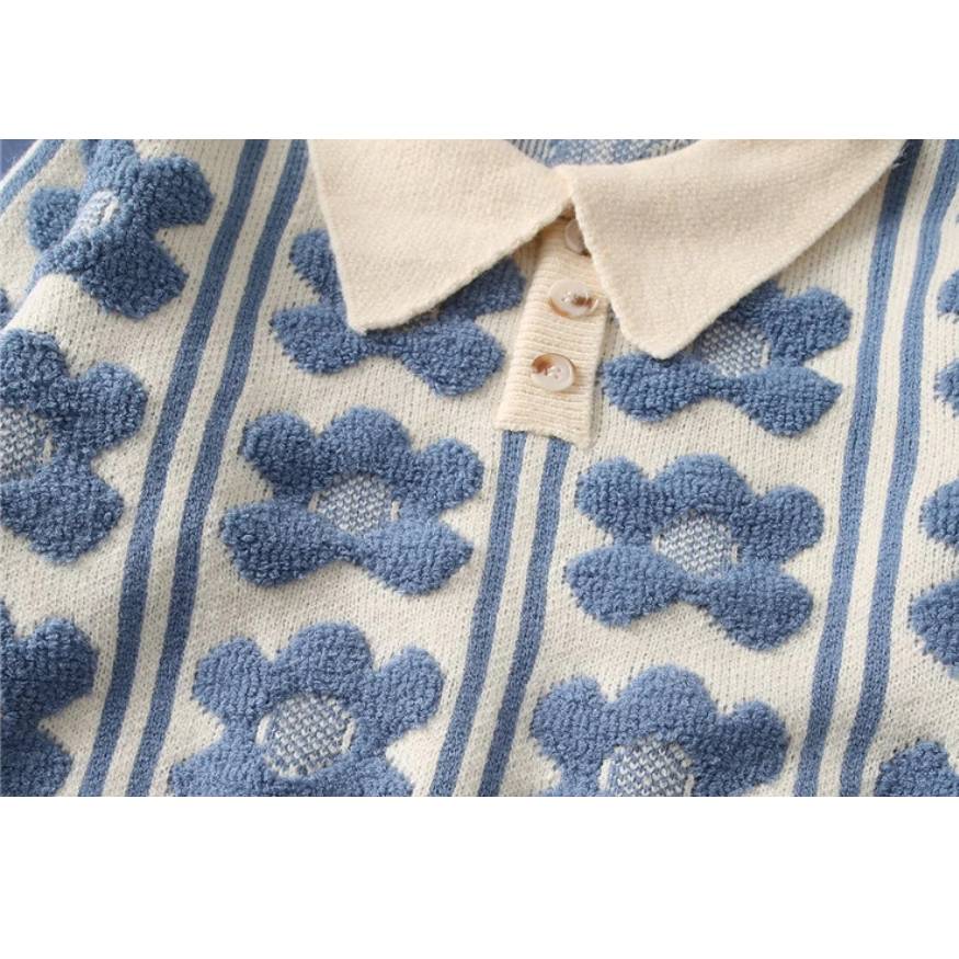 Floral Pattern Polo-Collar Sweater