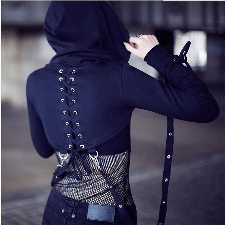 Dark Buttonhole Straps Cropped Hoodie