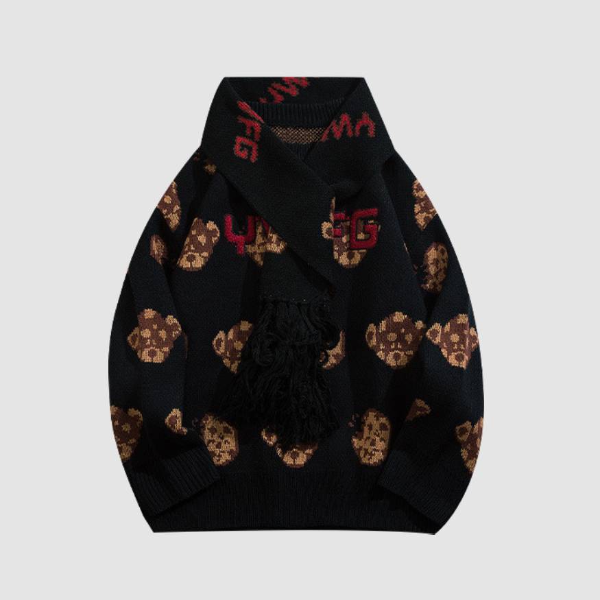 Cute Bear Printed Sweater + Scarf
