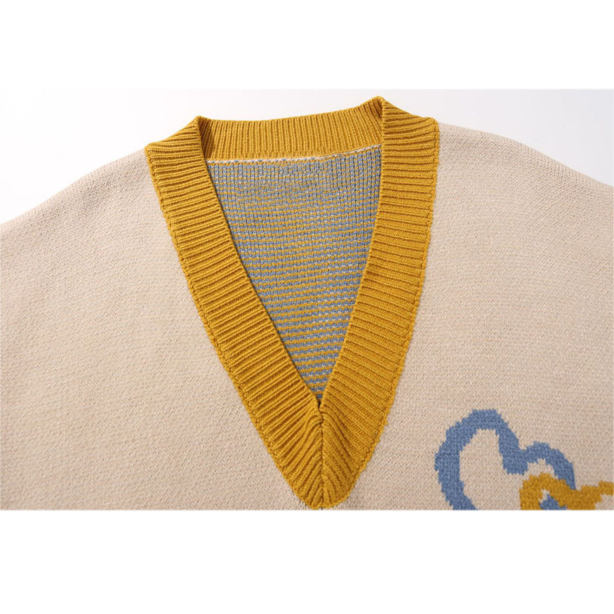 Contrast Color Heart Flower Pattern Vest Sweater