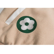 Flower Embroidered PU Sleeve Patchwork Varsity Jacket