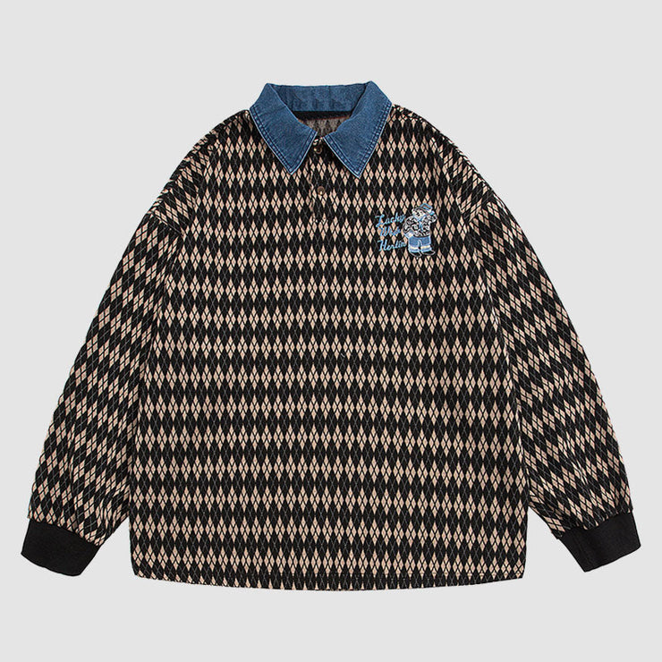 Denim Collar Argyle Pattern Sweatshirts