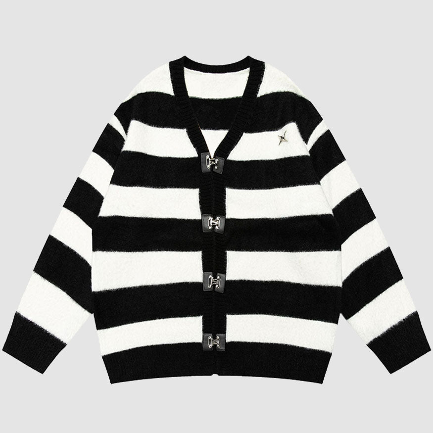 Striped Buckle Closure Cardigan Sweater