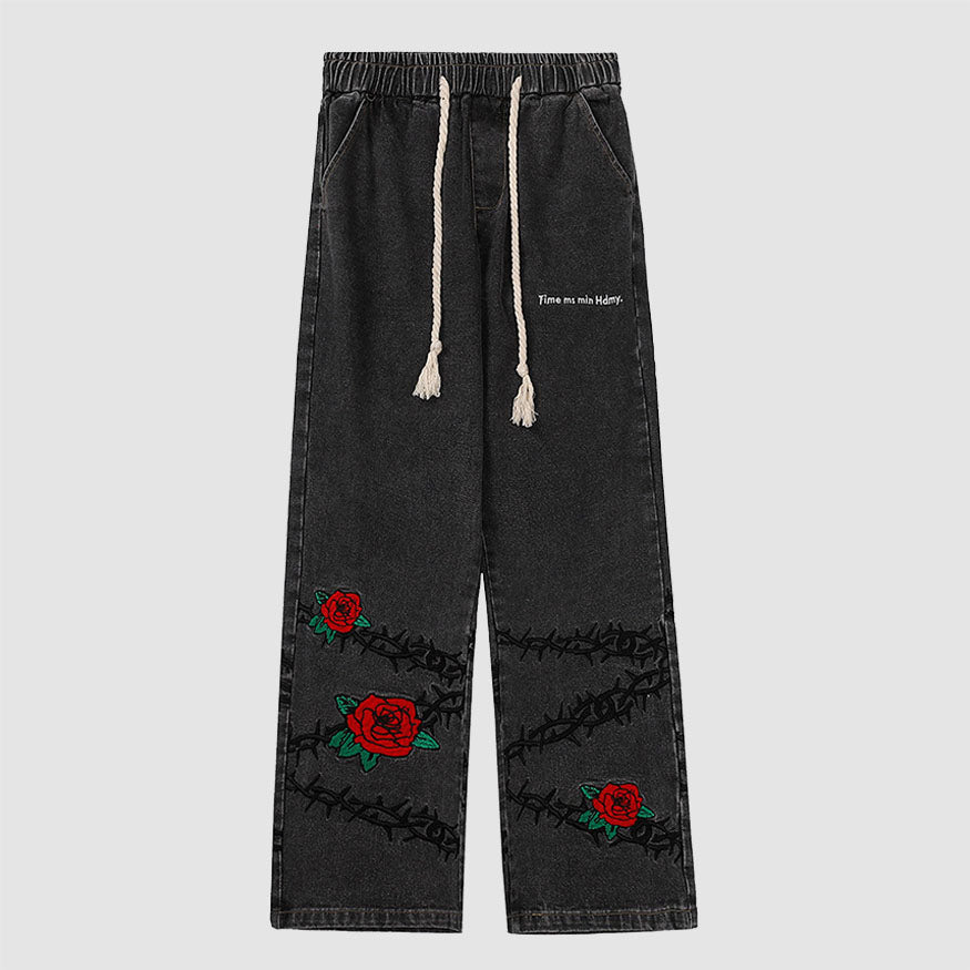 Thorn Rose Pattern Embroidered Drawstring Jeans