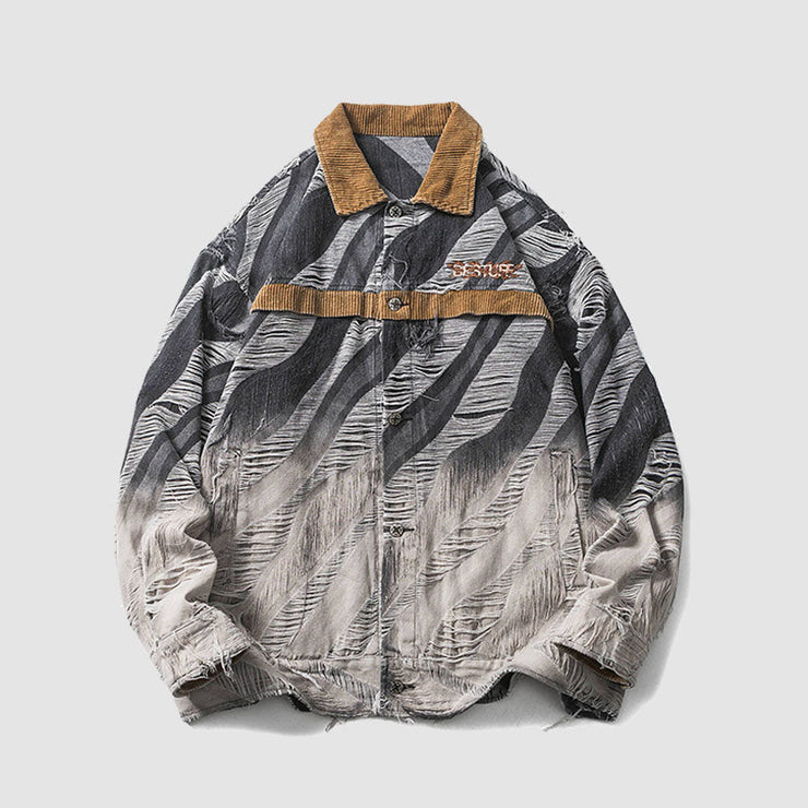 Gradient Color Ripped Corduroy Stitching Collared Jacket