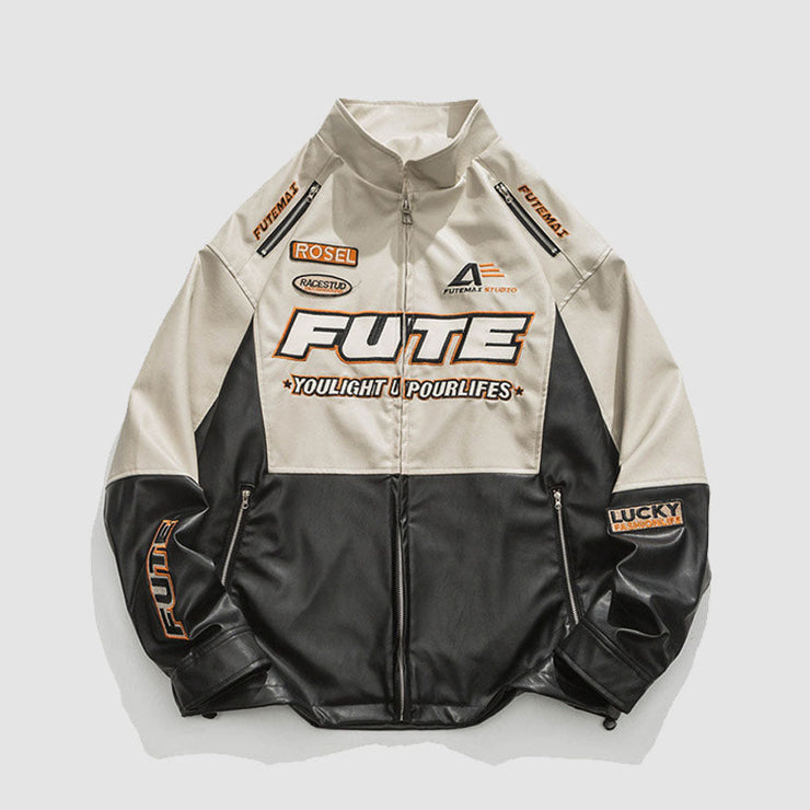 Letter Embroidered PU Leather Racing Jacket
