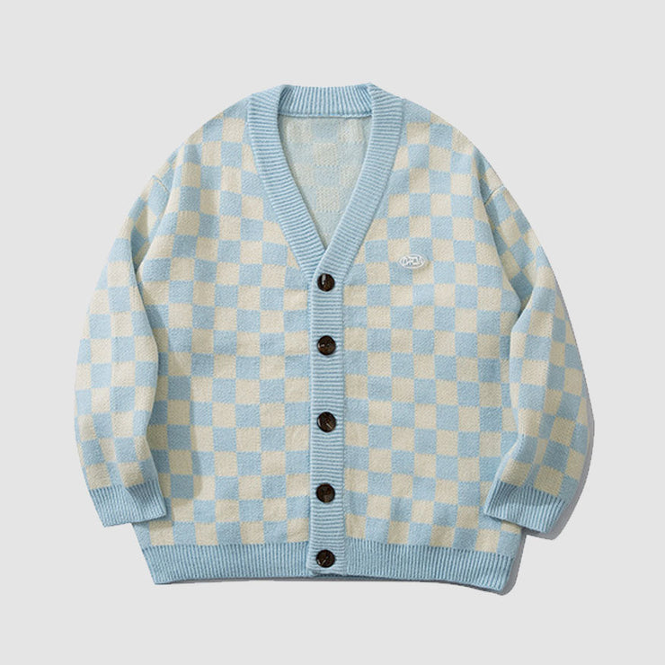Classic Checkerboard Pattern Cardigan Sweater