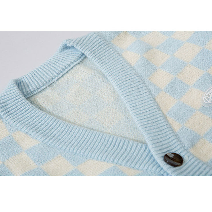Classic Checkerboard Pattern Cardigan Knit Sweater