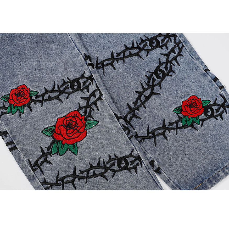 Thorn Rose Pattern Embroidered Drawstring Jeans