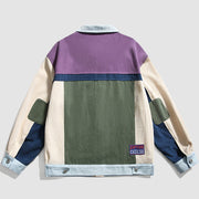 Collared Contrast Color Patchwork Jacket