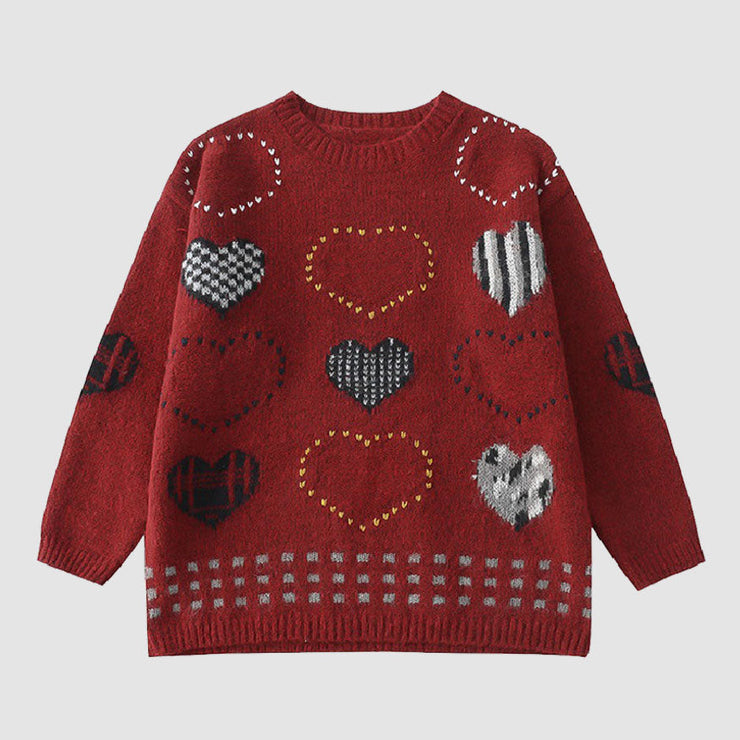 Vintage Heart Pattern Patchwork Sweater