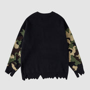Ripped Hem Camo Letter Pattern Sweater