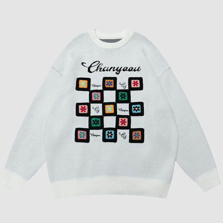 Stylish Square Pattern Embroidered Sweater