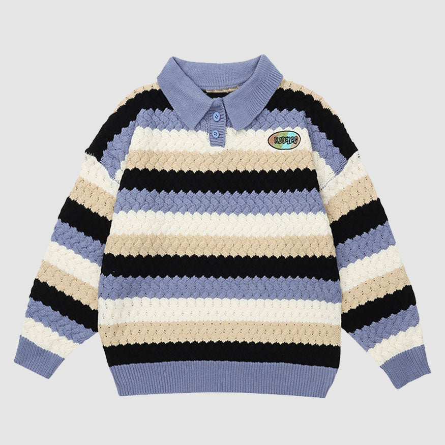 Color Contrast Striped Collared Sweater