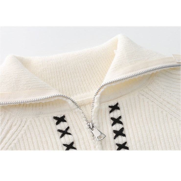 Cross Embroidered Zipper Cardigan Sweater