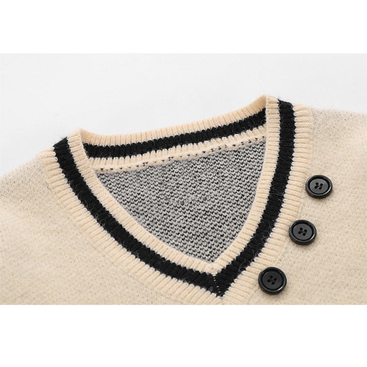 V Neck Button Decor Star Pattern Sweater