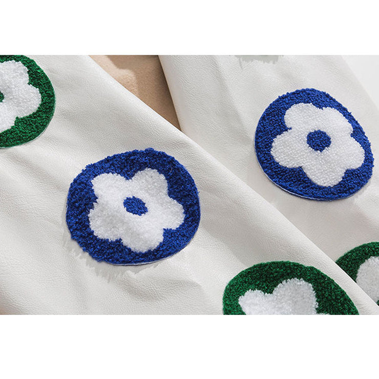 Flower Embroidered PU Sleeve Patchwork Varsity Jacket