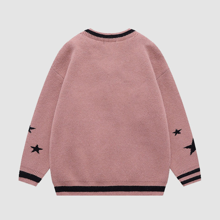 V Neck Button Decor Star Pattern Sweater