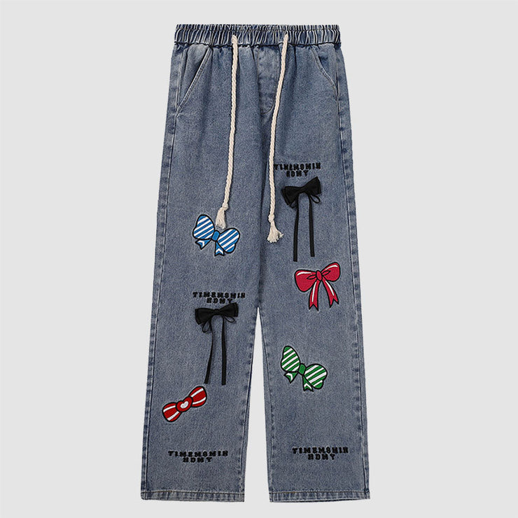 Bow Embroidered Drawstring Jeans