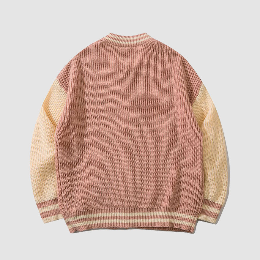 Bear Pattern Color Block Cardigan Sweater