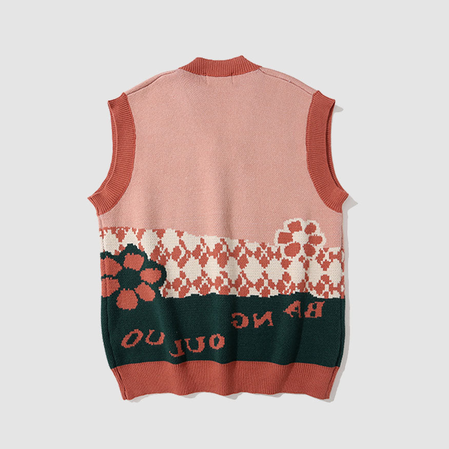 Contrast Color Heart Flower Pattern Vest Sweater