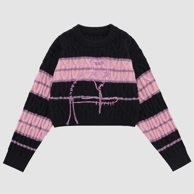 Striped Cat Pattern Crop Top Sweater
