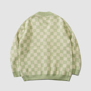 Classic Checkerboard Pattern Cardigan Knit Sweater