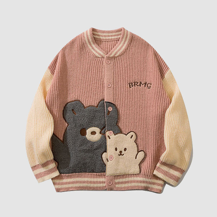 Bear Pattern Color Block Cardigan Sweater