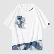 Detachable Bear Doll Denim Stitching T-Shirt