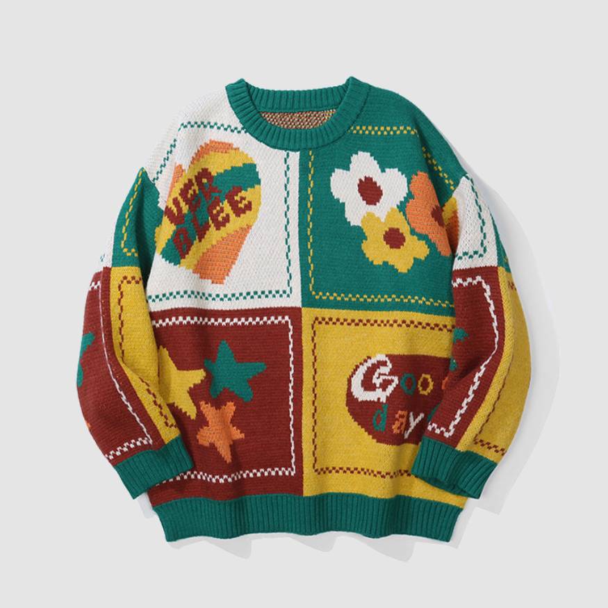 Vintage Four-Pattern Stitching Sweater