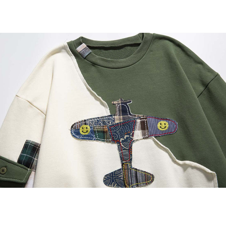 Airplane Pattern Patchwork Sweatshirt