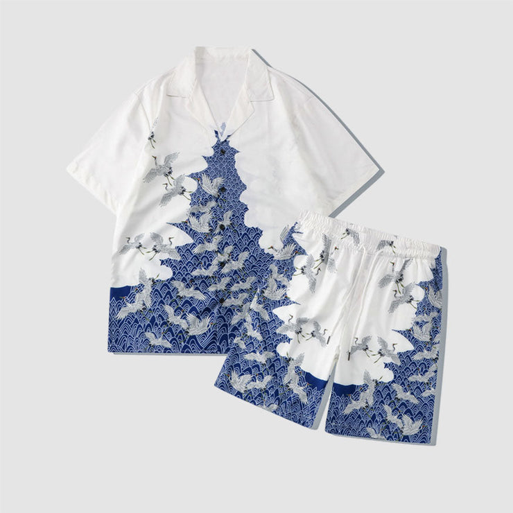 Two Piece Crane Print Shirt + Shorts