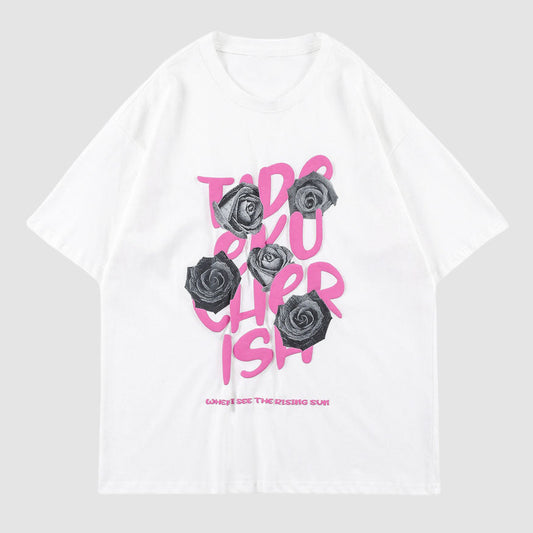 Letter And Rose Print T-Shirt