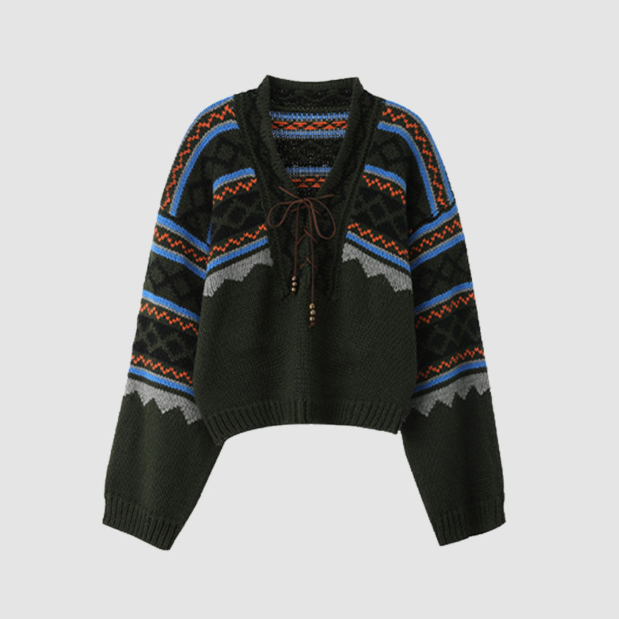 Vintage Striped V Neck Lace Up Sweater