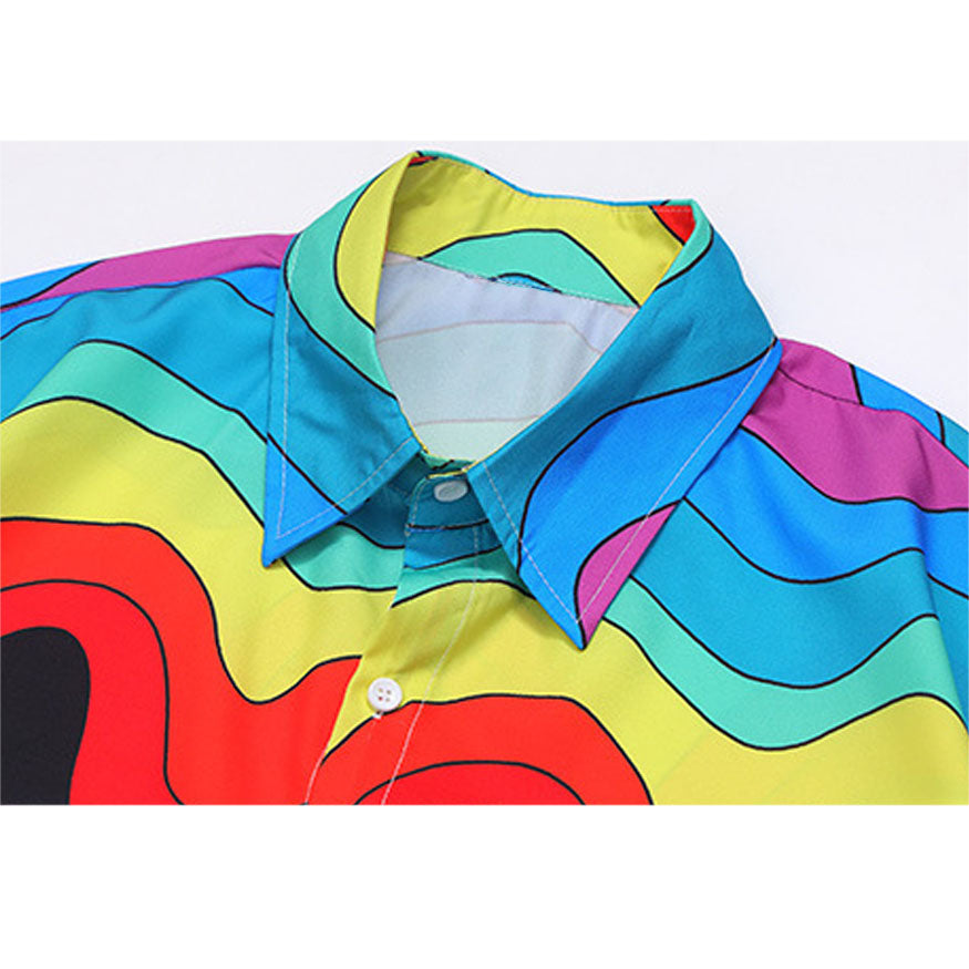 OLUOLIN-Rainbow Checkerboard Print Summer Shirt
