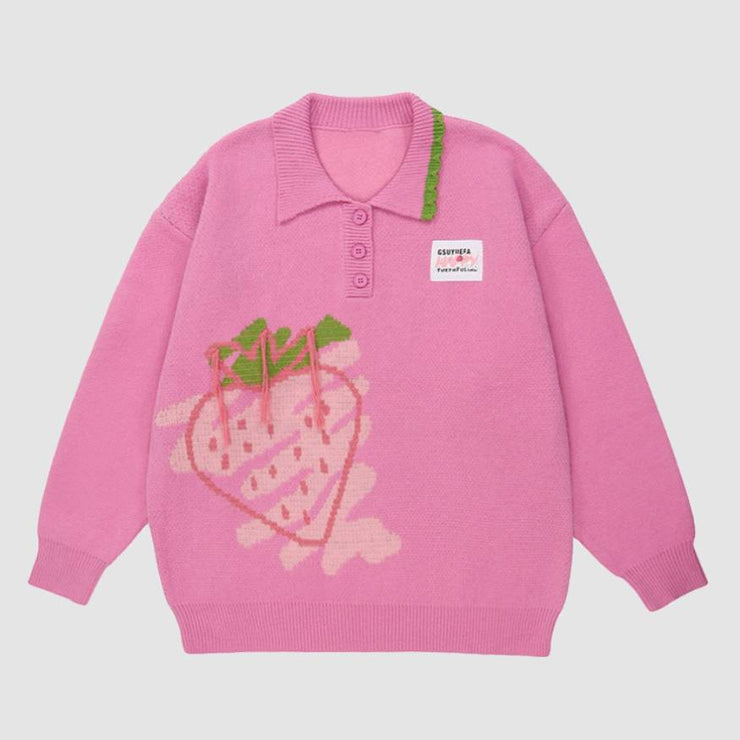 Strawberry Pattern Polo Collar Sweater
