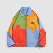 Puzzle Pattern Color Block Zipper Jacket